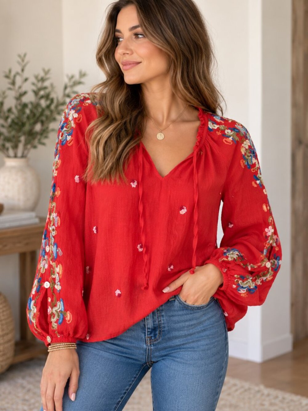 Fig and Flower Red Embroidered Boho Blouse XL Floral Sleeve Top